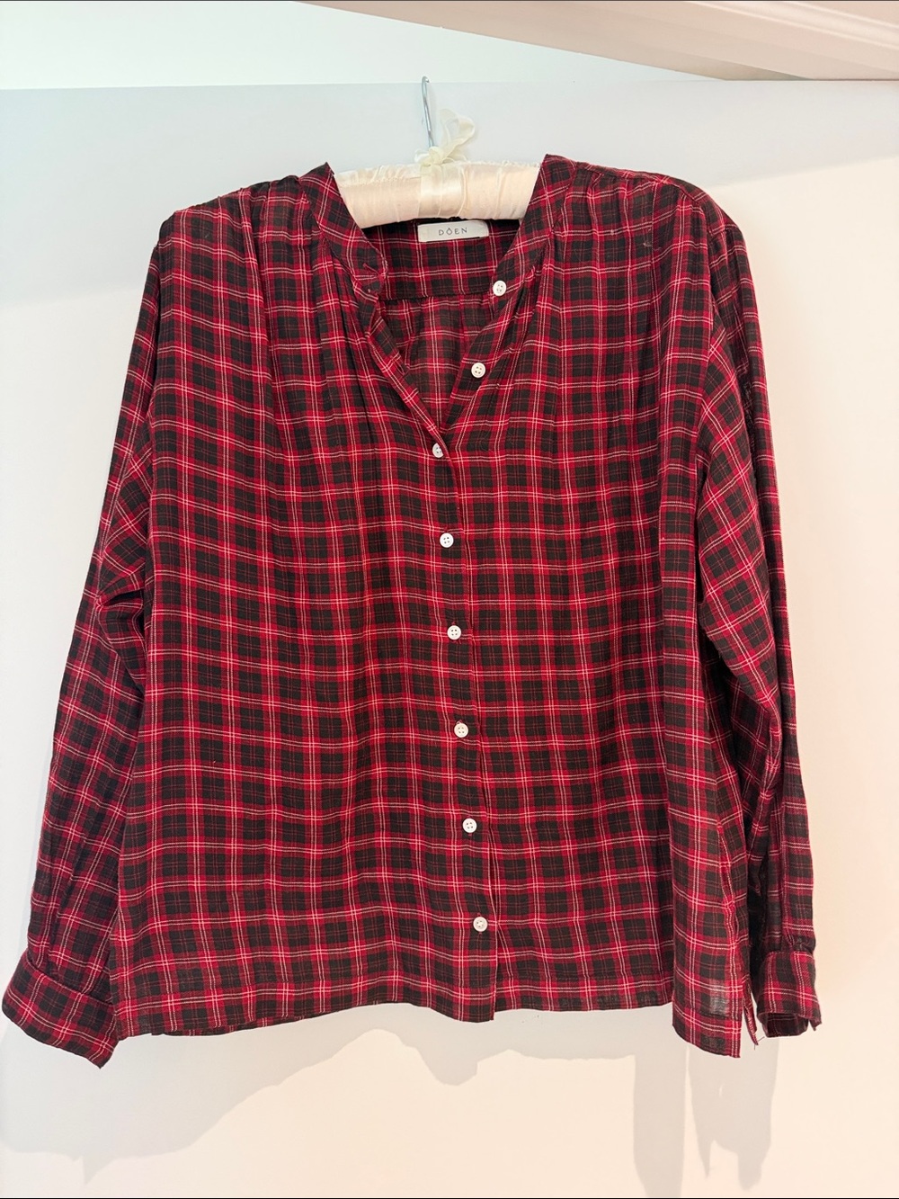Doen Red and Black Plaid Button-Down Blouse